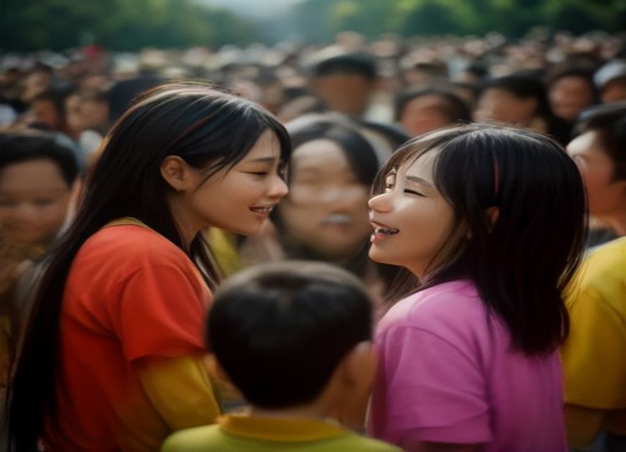 AI-generated image of children and adults gathered during a community meal
